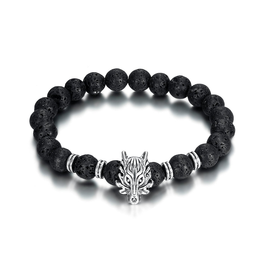 Nordic Pride Grey Wolf Head and Lava Stone Bracelet