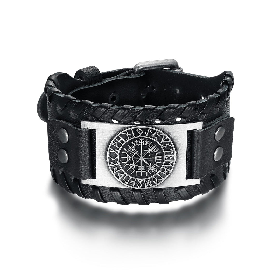 Nordic Pride Leather Buckle Arm Cuff With Metal Icelandic Stave Design