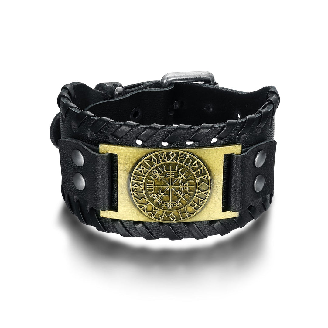 Nordic Pride Leather Buckle Arm Cuff With Metal Icelandic Stave Design
