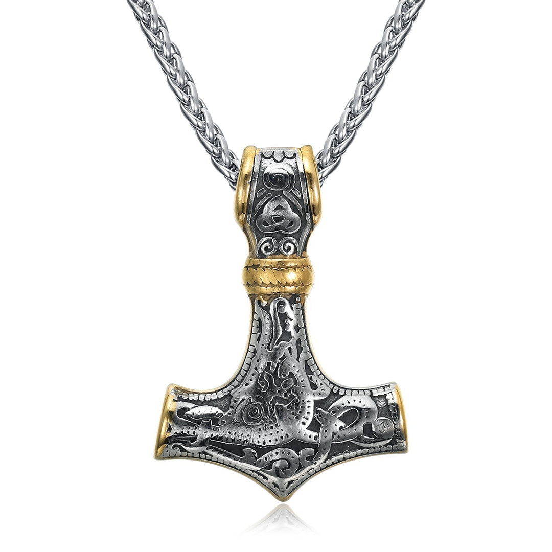 Nordic Pride Handcrafted Stainless Steel Gold & Silver Mammen-Style Thor's Gavel Pendant