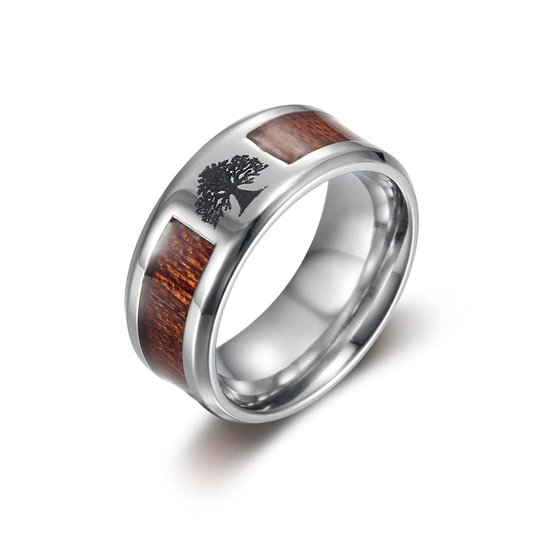 Nordic Pride Handcrafted Stainless Steel Celtic Tree of Life and Wood Inset Wedding Ring