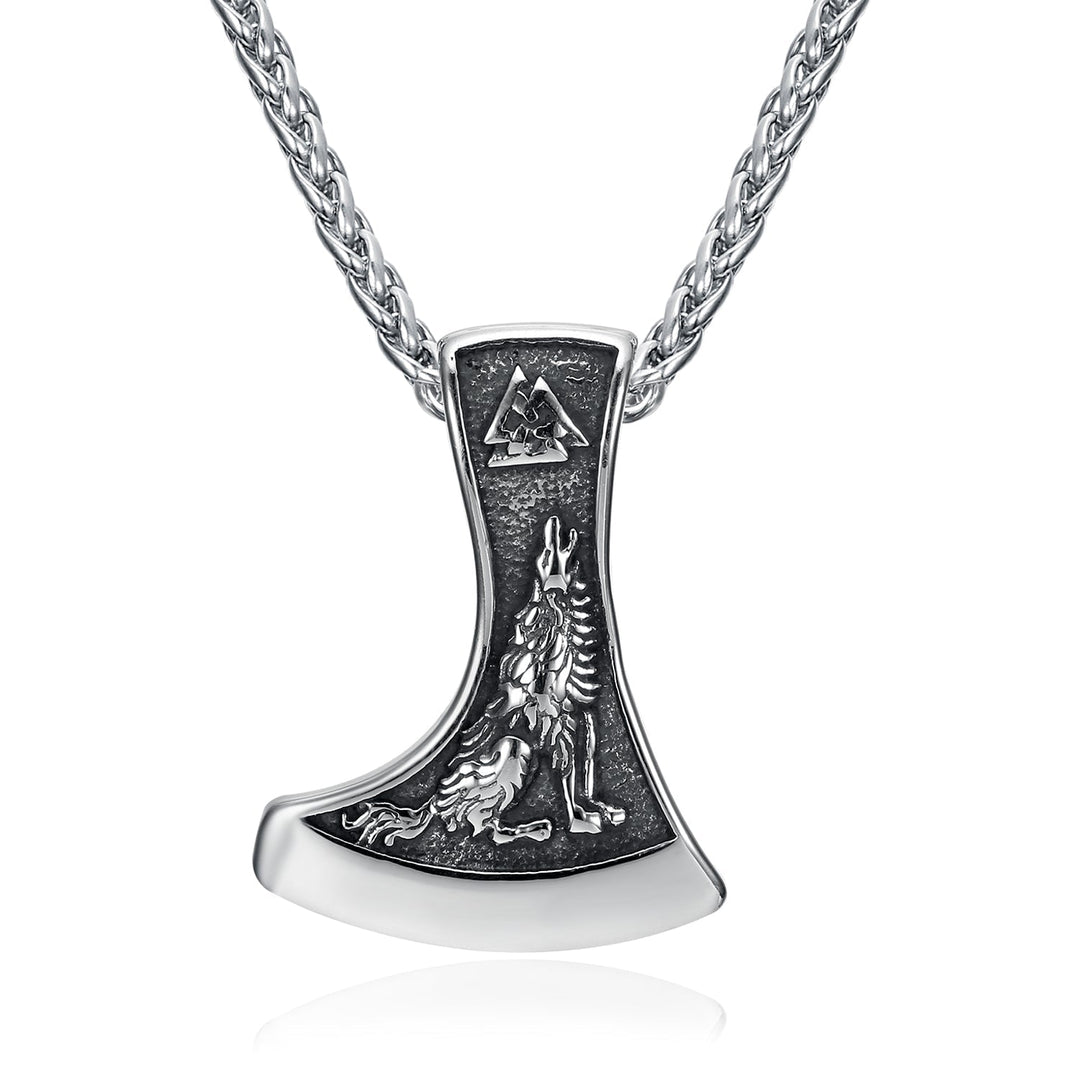 Nordic Pride Handcrafted Stainless Steel Valknut Symbol with Raven & Grey Wolf Pendant & Chain