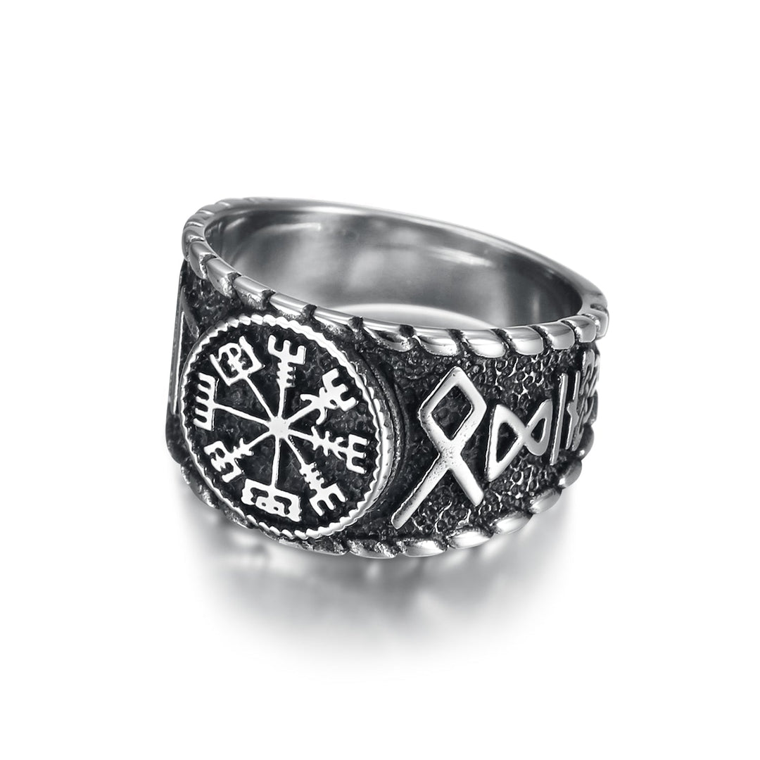 Nordic Pride Handcrafted Stainless Steel Icelandic Stave and Runes Ring