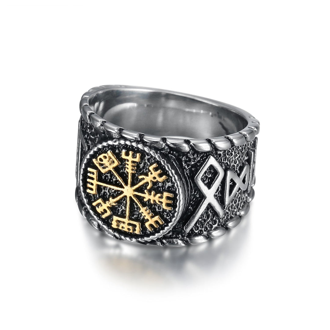 Nordic Pride Handcrafted Stainless Steel Icelandic Stave and Runes Ring