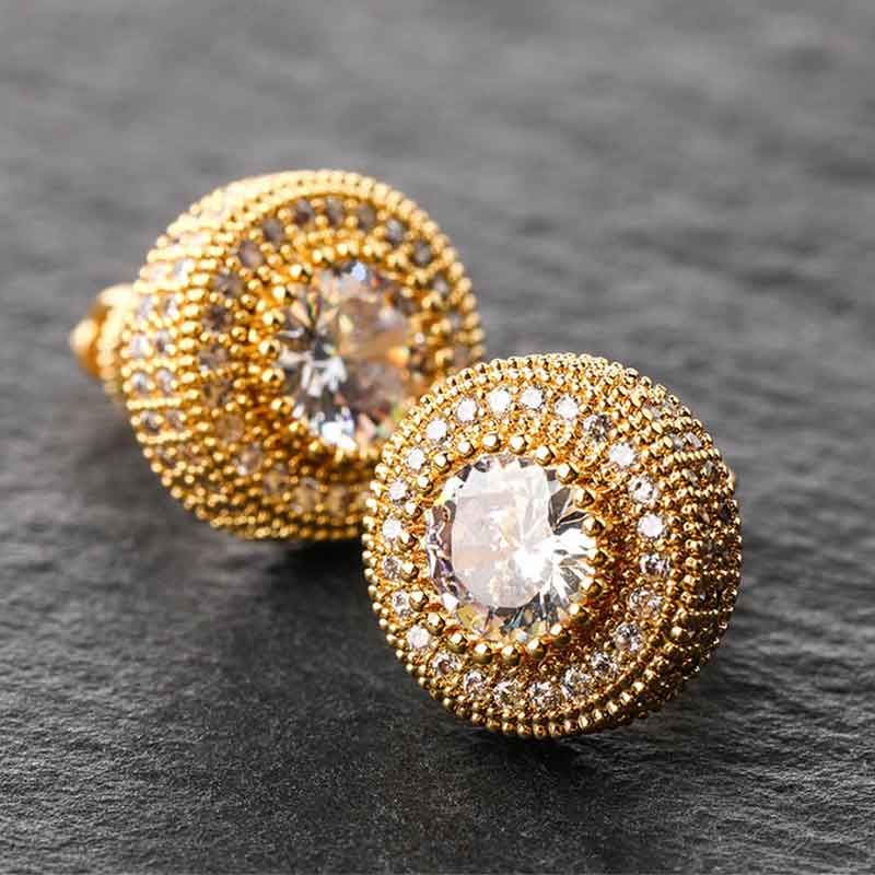 Iced Button Stud Earrings in 14K Gold