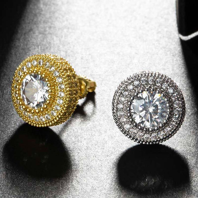 Iced Button Stud Earrings in White Gold
