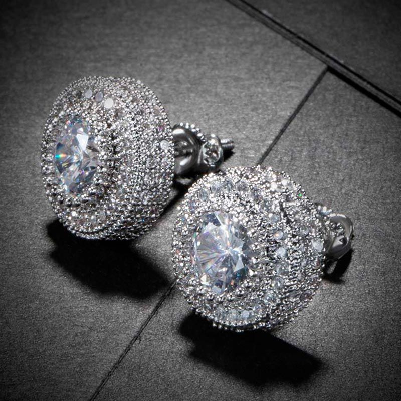 Iced Button Stud Earrings in White Gold
